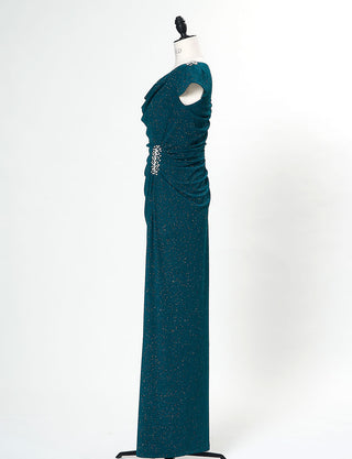 TWEED DRESS(ツイードドレス)のペトロールグリーンロングドレス・ラメ/ポリウレタン｜T-1284-PTGNのトルソー全身側面画像です。