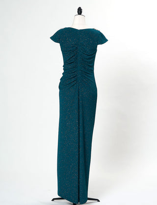 TWEED DRESS(ツイードドレス)のペトロールグリーンロングドレス・ラメ/ポリウレタン｜T-1284-PTGNのトルソー全身背面画像です。