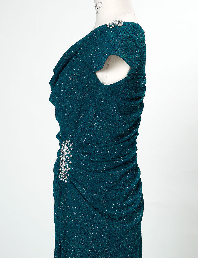 TWEED DRESS(ツイードドレス)のペトロールグリーンロングドレス・ラメ/ポリウレタン｜T-1284-PTGNのトルソー上半身側面画像です。