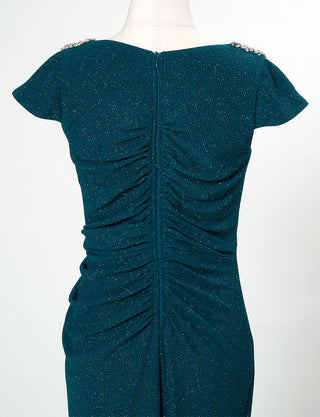 TWEED DRESS(ツイードドレス)のペトロールグリーンロングドレス・ラメ/ポリウレタン｜T-1284-PTGNのトルソー上半身背面画像です。