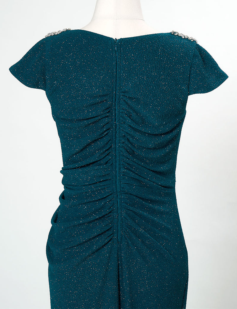 TWEED DRESS(ツイードドレス)のペトロールグリーンロングドレス・ラメ/ポリウレタン｜T-1284-PTGNのトルソー上半身背面画像です。