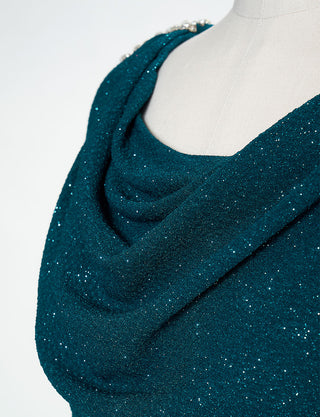 TWEED DRESS(ツイードドレス)のペトロールグリーンロングドレス・ラメ/ポリウレタン｜T-1284-PTGNの上半身胸元拡大画像です。