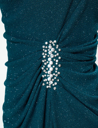 TWEED DRESS(ツイードドレス)のペトロールグリーンロングドレス・ラメ/ポリウレタン｜T-1284-PTGNの上半身ウエストビジュ装飾拡大画像です。