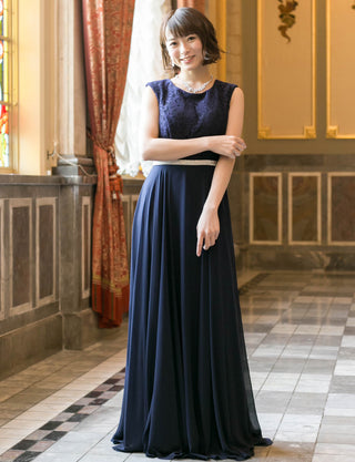 TWEED DRESS(ツイードドレス)のダークネイビーロングドレス・シフォン｜T-1511-DNYの全身正面画像です。
