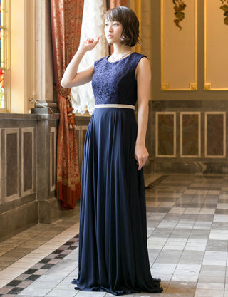 TWEED DRESS(ツイードドレス)のダークネイビーロングドレス・シフォン｜T-1511-DNYの全身斜め画像です。