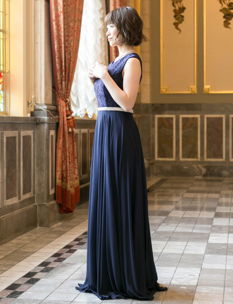 TWEED DRESS(ツイードドレス)のダークネイビーロングドレス・シフォン｜T-1511-DNYの全身側面画像です。