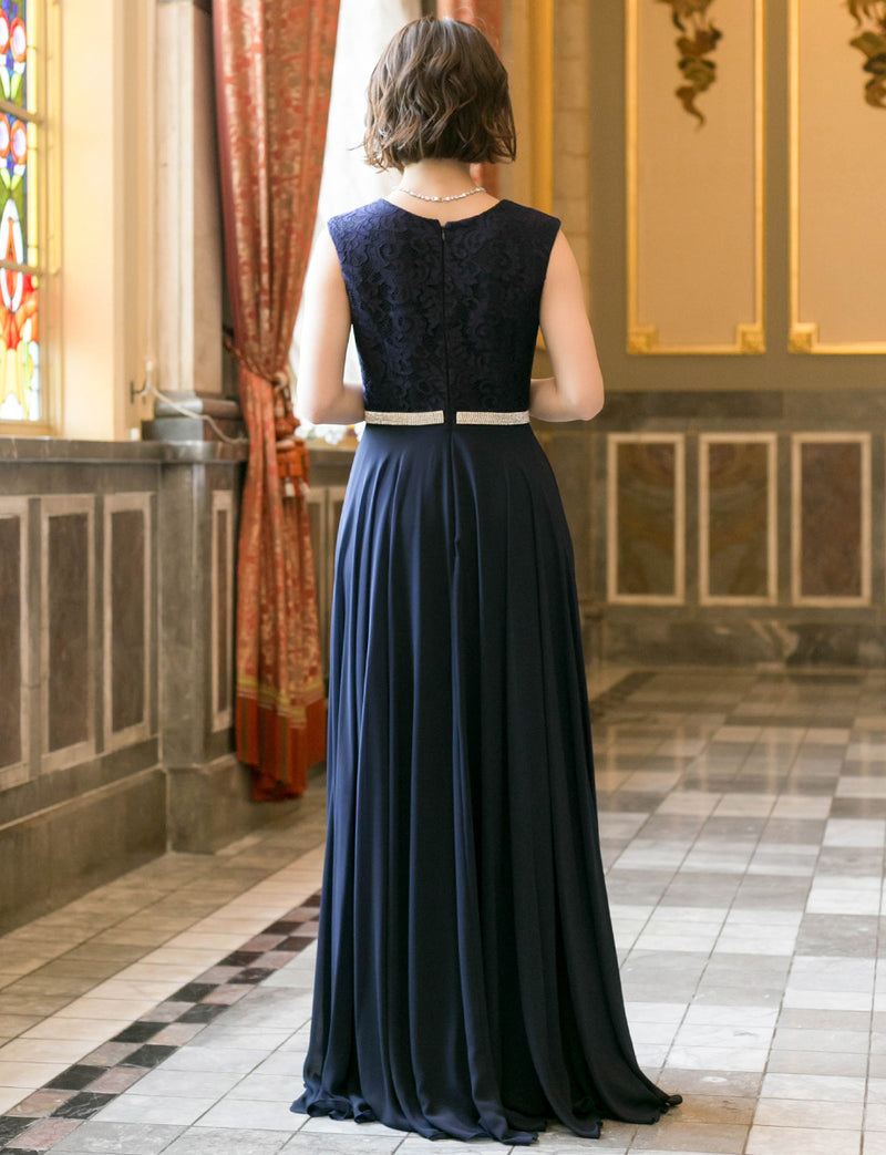 TWEED DRESS(ツイードドレス)のダークネイビーロングドレス・シフォン｜T-1511-DNYの全身背面画像です。