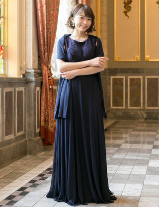 TWEED DRESS(ツイードドレス)のダークネイビーロングドレス・シフォン｜T-1511-DNYの全身正面ストール着用画像です。