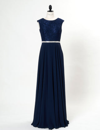 TWEED DRESS(ツイードドレス)のダークネイビーロングドレス・シフォン｜T-1511-DNYのトルソー全身正面画像です。