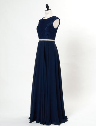 TWEED DRESS(ツイードドレス)のダークネイビーロングドレス・シフォン｜T-1511-DNYのトルソー全身斜め画像です。