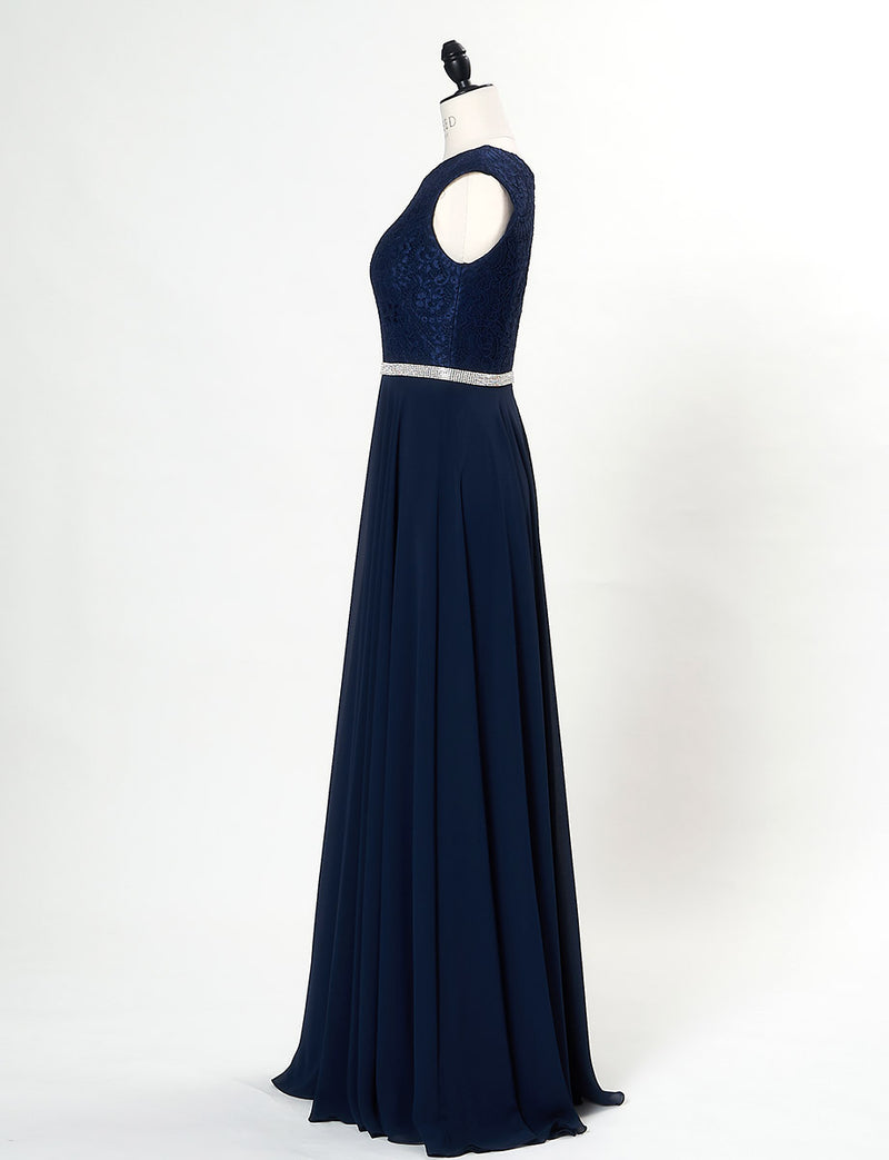 TWEED DRESS(ツイードドレス)のダークネイビーロングドレス・シフォン｜T-1511-DNYのトルソー全身側面画像です。