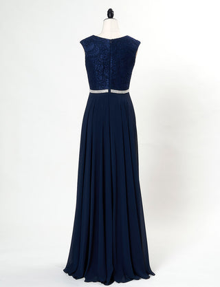 TWEED DRESS(ツイードドレス)のダークネイビーロングドレス・シフォン｜T-1511-DNYのトルソー全身背面画像です。