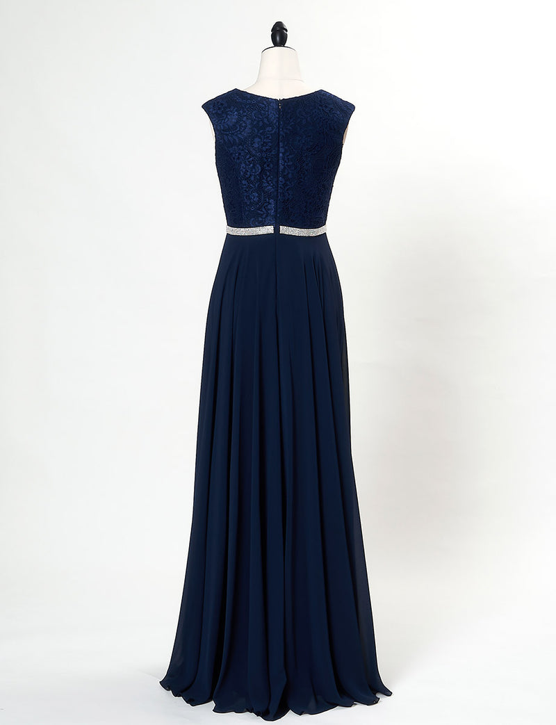 TWEED DRESS(ツイードドレス)のダークネイビーロングドレス・シフォン｜T-1511-DNYのトルソー全身背面画像です。