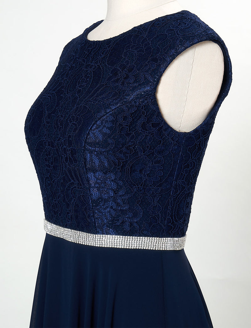 TWEED DRESS(ツイードドレス)のダークネイビーロングドレス・シフォン｜T-1511-DNYのトルソー上半身斜め画像です。