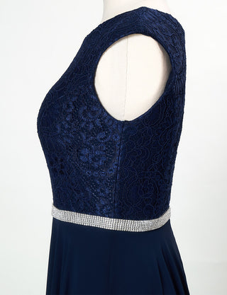 TWEED DRESS(ツイードドレス)のダークネイビーロングドレス・シフォン｜T-1511-DNYのトルソー上半身側面画像です。