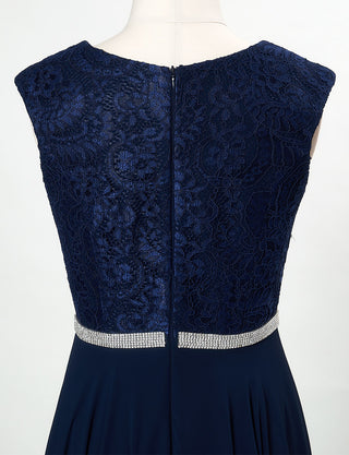 TWEED DRESS(ツイードドレス)のダークネイビーロングドレス・シフォン｜T-1511-DNYのトルソー上半身背面画像です。