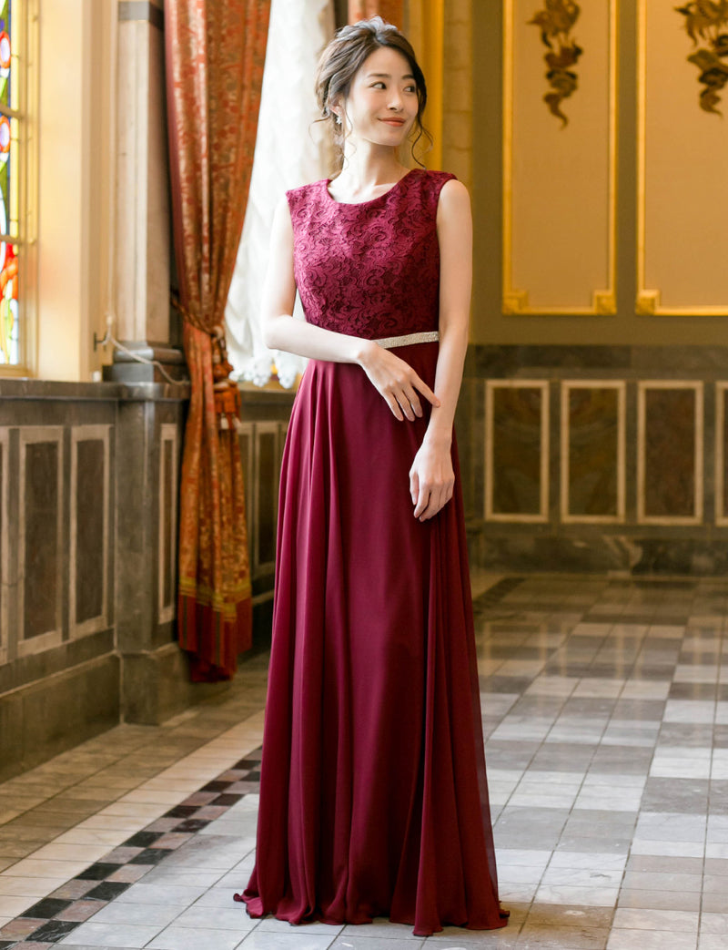 TWEED DRESS(ツイードドレス)のワインレッドロングドレス・シフォン｜T-1511-WRDの全身正面画像です。