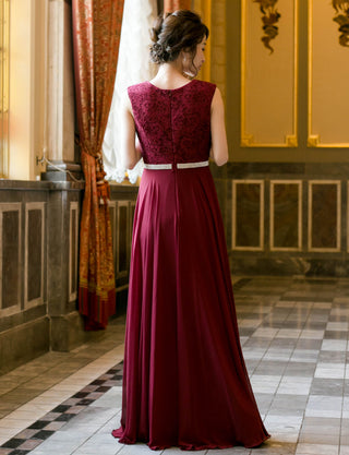TWEED DRESS(ツイードドレス)のワインレッドロングドレス・シフォン｜T-1511-WRDの全身背面画像です。