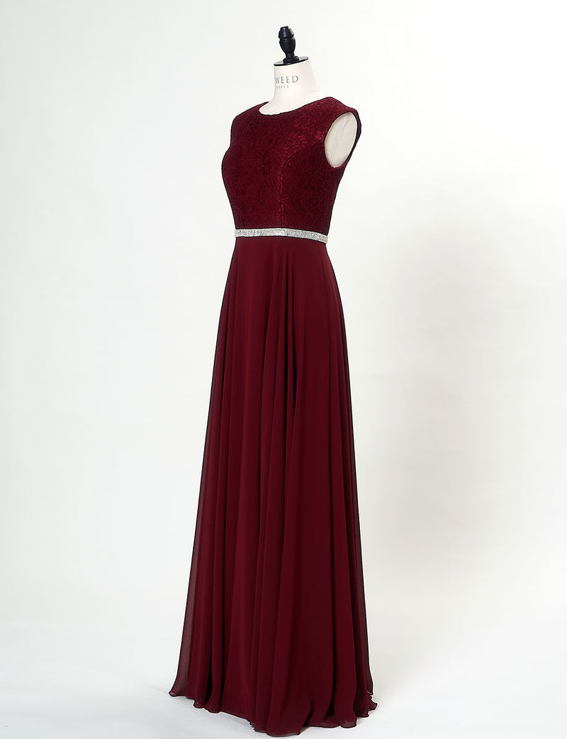 TWEED DRESS(ツイードドレス)のワインレッドロングドレス・シフォン｜T-1511-WRDのトルソー全身斜め画像です。