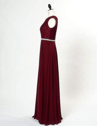 TWEED DRESS(ツイードドレス)のワインレッドロングドレス・シフォン｜T-1511-WRDのトルソー全身側面画像です。
