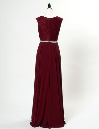 TWEED DRESS(ツイードドレス)のワインレッドロングドレス・シフォン｜T-1511-WRDのトルソー全身背面画像です。