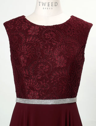 TWEED DRESS(ツイードドレス)のワインレッドロングドレス・シフォン｜T-1511-WRDのトルソー上半身正面画像です。