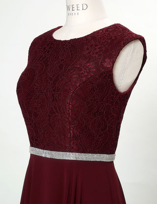 TWEED DRESS(ツイードドレス)のワインレッドロングドレス・シフォン｜T-1511-WRDのトルソー上半身斜め画像です。