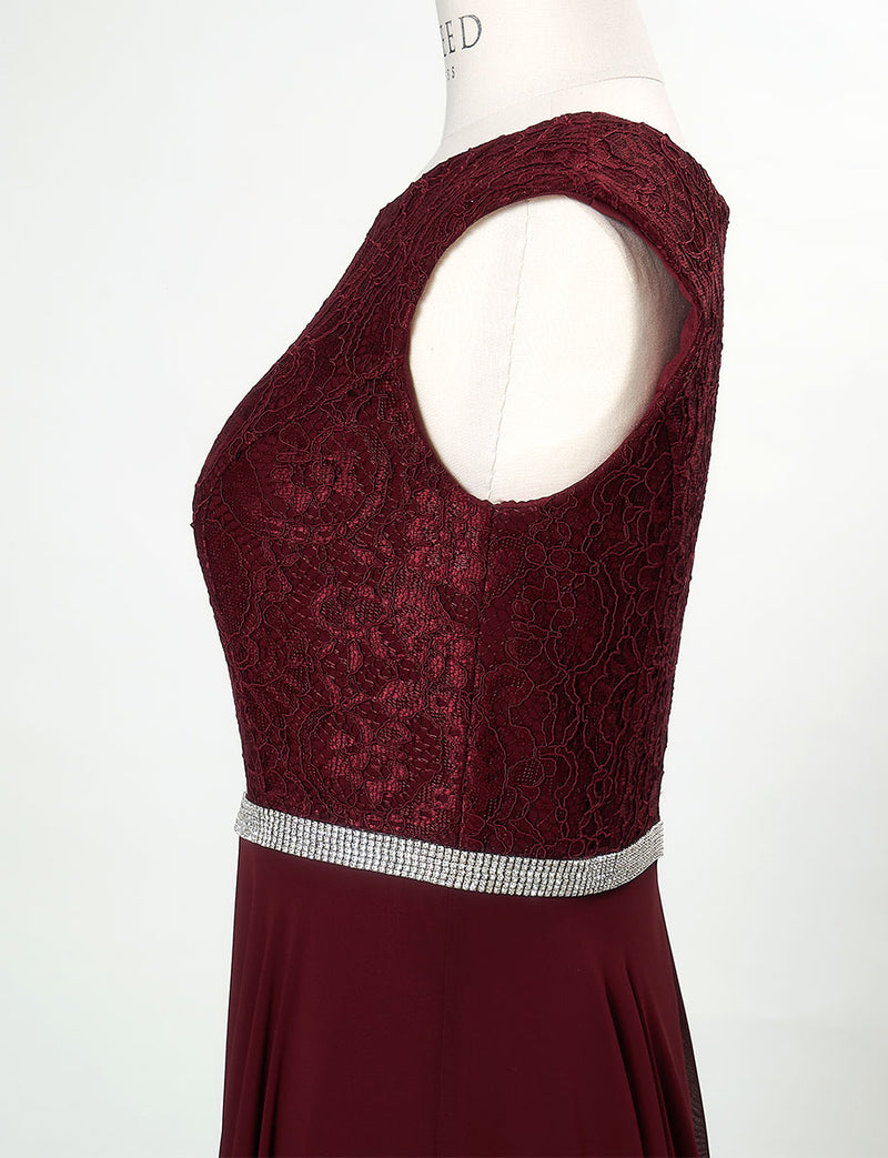 TWEED DRESS(ツイードドレス)のワインレッドロングドレス・シフォン｜T-1511-WRDのトルソー上半身側面画像です。