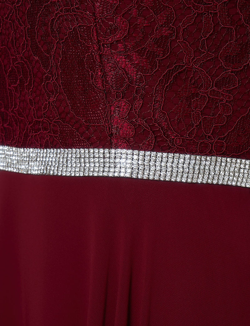 TWEED DRESS(ツイードドレス)のワインレッドロングドレス・シフォン｜T-1511-WRDの上半身ウエストビジュ装飾拡大画像です。