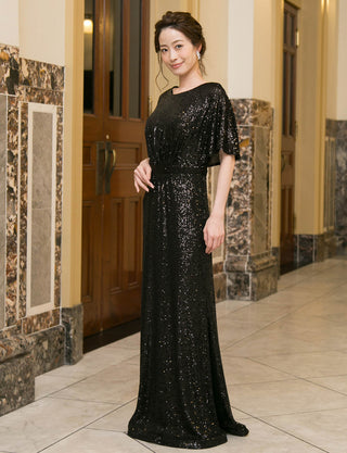 TWEED DRESS(ツイードドレス)のブラックロングドレス・チュール｜T-1754-BKの全身斜め画像です。