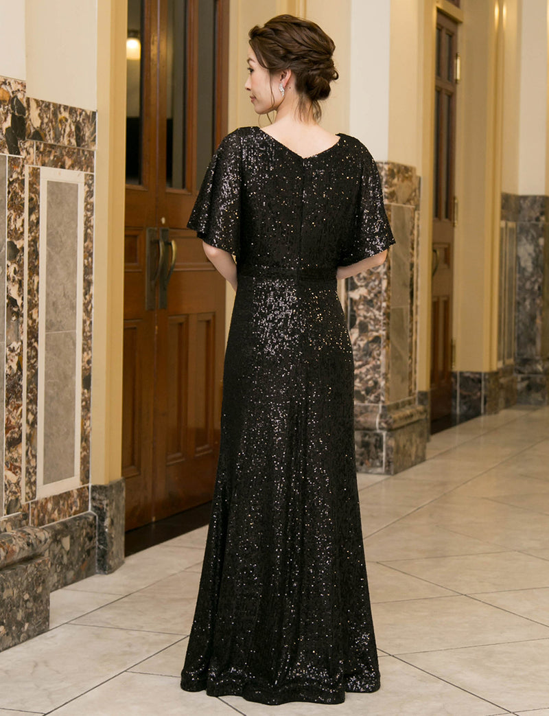 TWEED DRESS(ツイードドレス)のブラックロングドレス・チュール｜T-1754-BKの全身背面画像です。