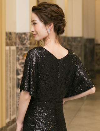 TWEED DRESS(ツイードドレス)のブラックロングドレス・チュール｜T-1754-BKの上半身背面画像です。
