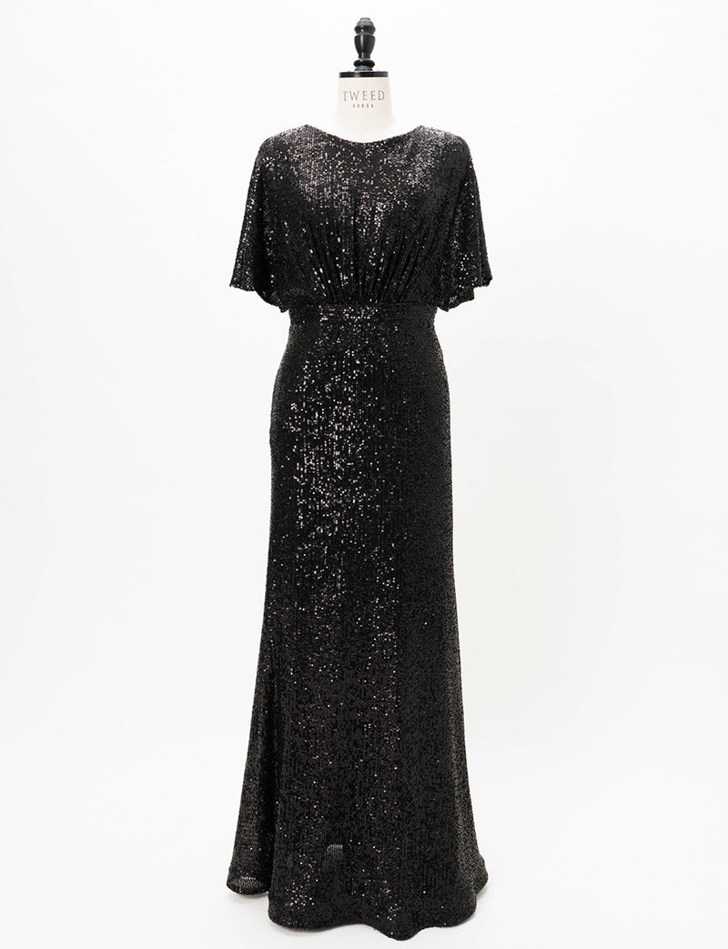 TWEED DRESS(ツイードドレス)のブラックロングドレス・チュール｜T-1754-BKのトルソー全身正面画像です。