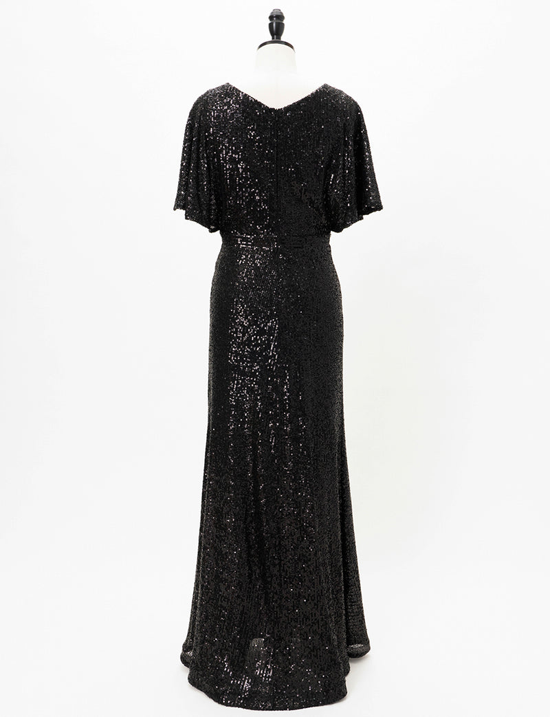 TWEED DRESS(ツイードドレス)のブラックロングドレス・チュール｜T-1754-BKのトルソー全身背面画像です。