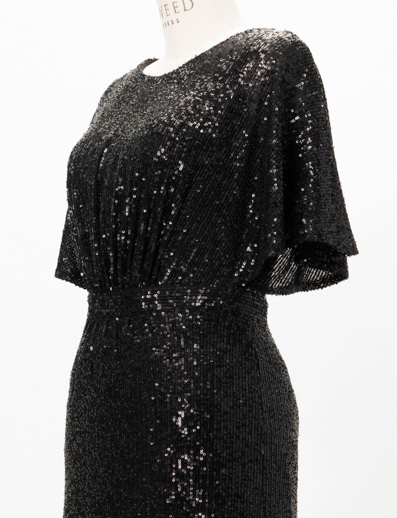 TWEED DRESS(ツイードドレス)のブラックロングドレス・チュール｜T-1754-BKのトルソー上半身斜め画像です。