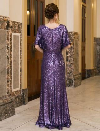 TWEED DRESS(ツイードドレス)のパープルロングドレス・チュール｜T-1754-PEの全身背面画像です。
