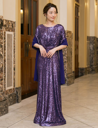 TWEED DRESS(ツイードドレス)のパープルロングドレス・チュール｜T-1754-PEの全身正面ストール着用画像です。