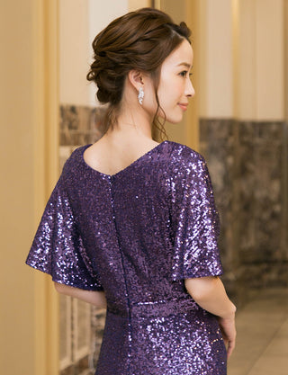 TWEED DRESS(ツイードドレス)のパープルロングドレス・チュール｜T-1754-PEの上半身背面画像です。