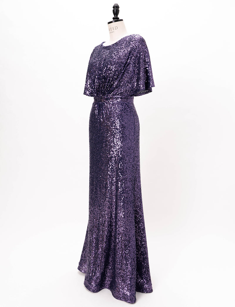 TWEED DRESS(ツイードドレス)のパープルロングドレス・チュール｜T-1754-PEのトルソー全身斜め画像です。