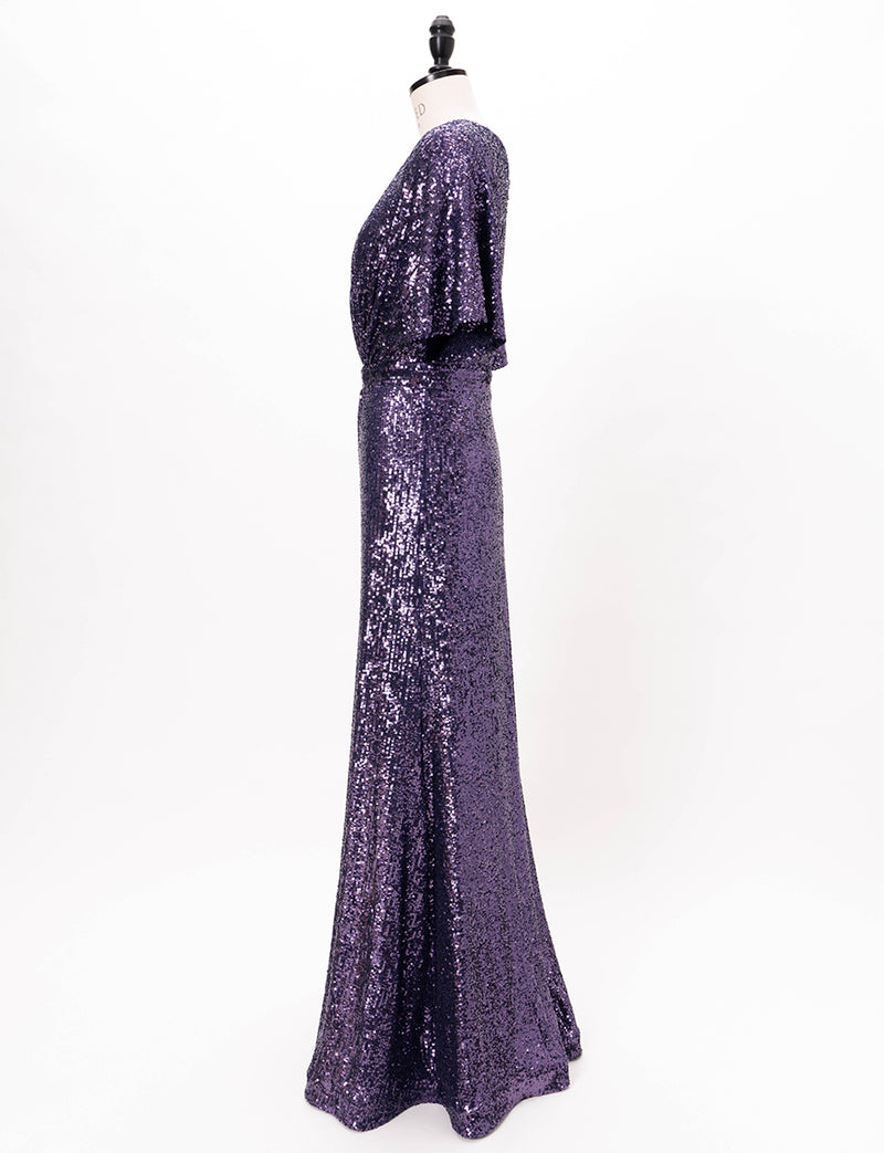 TWEED DRESS(ツイードドレス)のパープルロングドレス・チュール｜T-1754-PEのトルソー全身側面画像です。