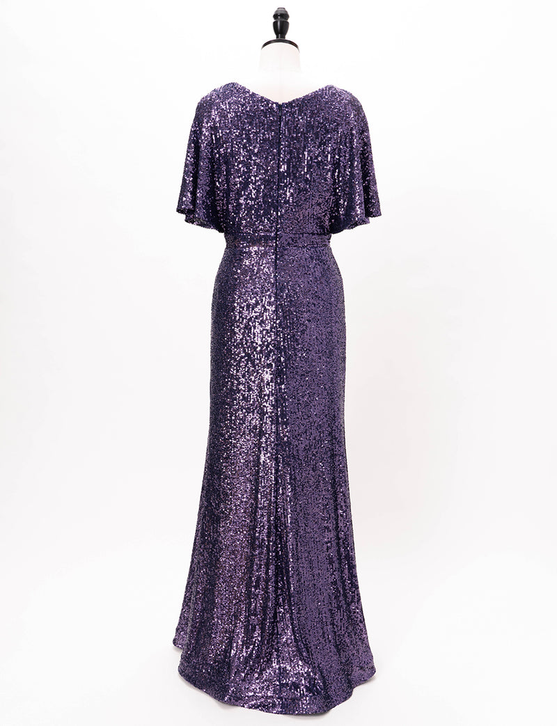 TWEED DRESS(ツイードドレス)のパープルロングドレス・チュール｜T-1754-PEのトルソー全身背面画像です。