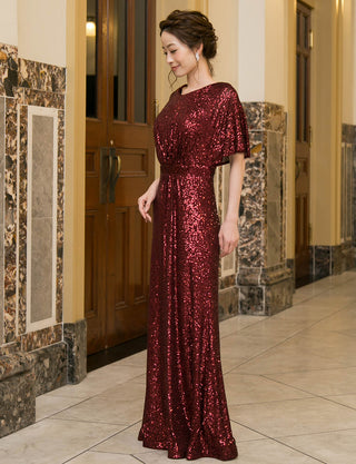TWEED DRESS(ツイードドレス)のワインレッドロングドレス・チュール｜T-1754-WRDの全身斜め画像です。