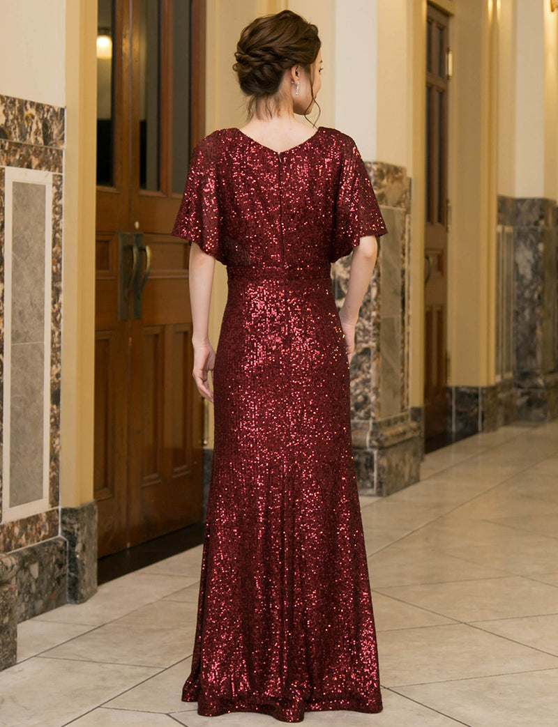 TWEED DRESS(ツイードドレス)のワインレッドロングドレス・チュール｜T-1754-WRDの全身背面画像です。