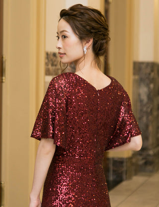TWEED DRESS(ツイードドレス)のワインレッドロングドレス・チュール｜T-1754-WRDの上半身背面画像です。