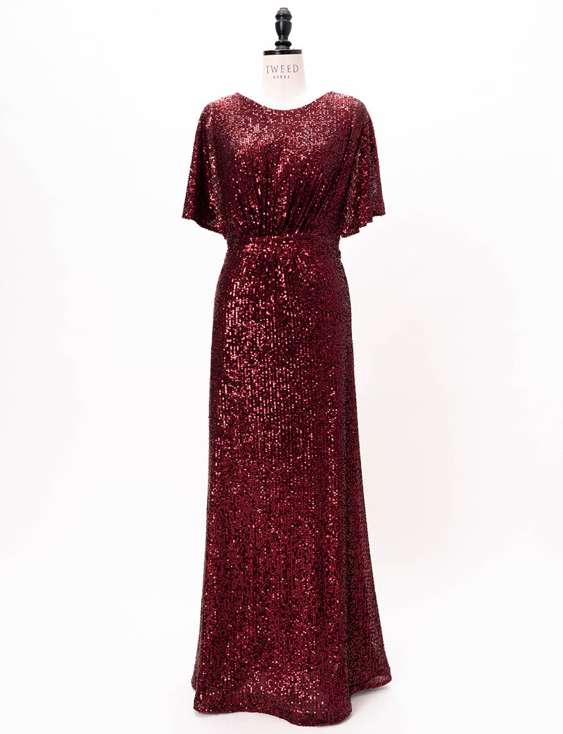 TWEED DRESS(ツイードドレス)のワインレッドロングドレス・チュール｜T-1754-WRDのトルソー全身正面画像です。