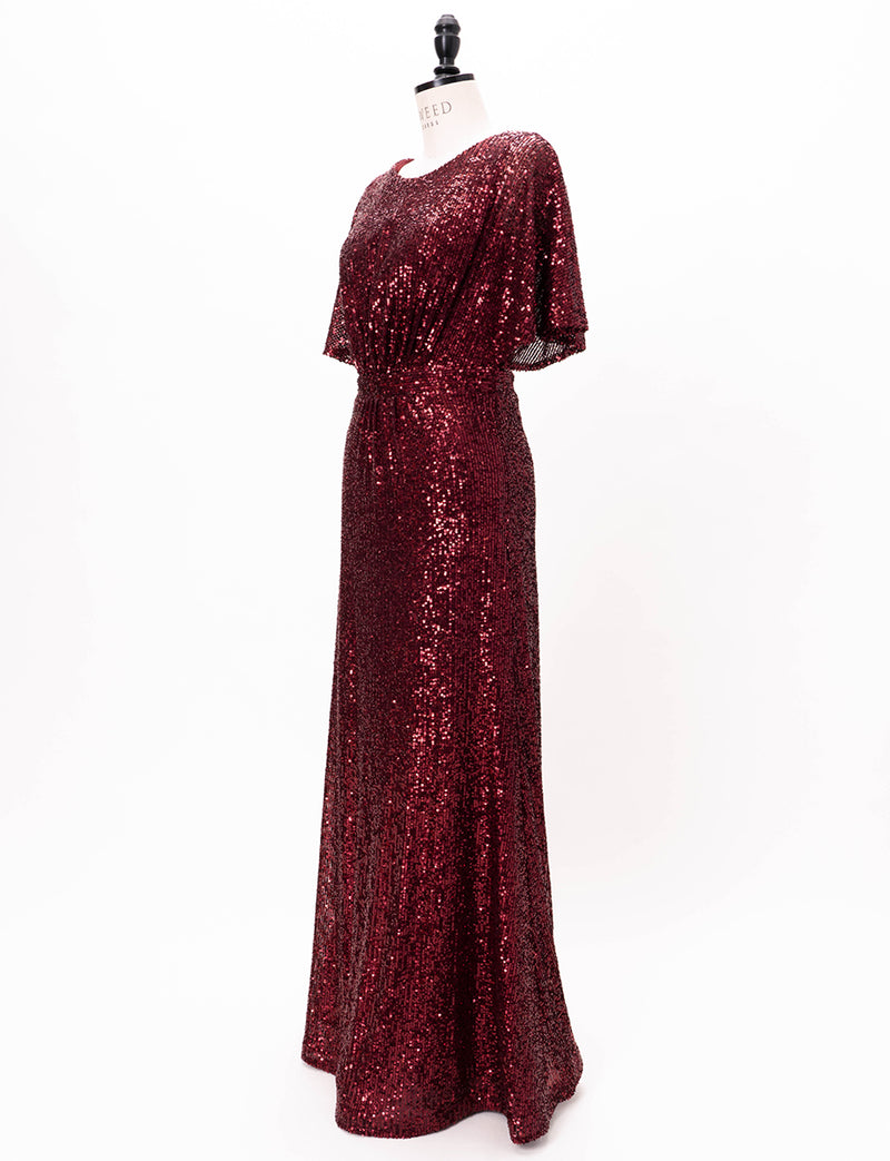TWEED DRESS(ツイードドレス)のワインレッドロングドレス・チュール｜T-1754-WRDのトルソー全身斜め画像です。
