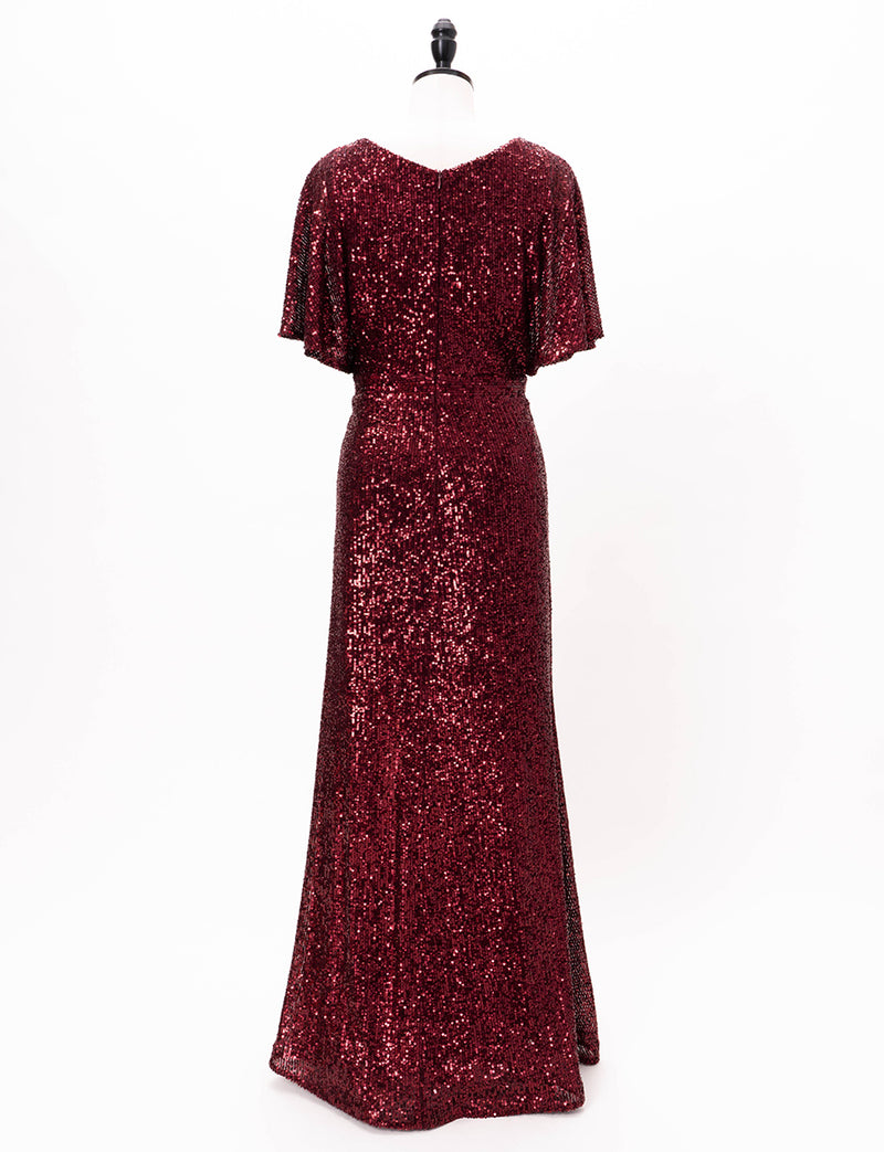 TWEED DRESS(ツイードドレス)のワインレッドロングドレス・チュール｜T-1754-WRDのトルソー全身背面画像です。