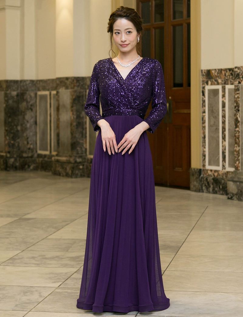 TWEED DRESS(ツイードドレス)のパープルロングドレス・チュール｜T-1771-PEの全身正面画像です。