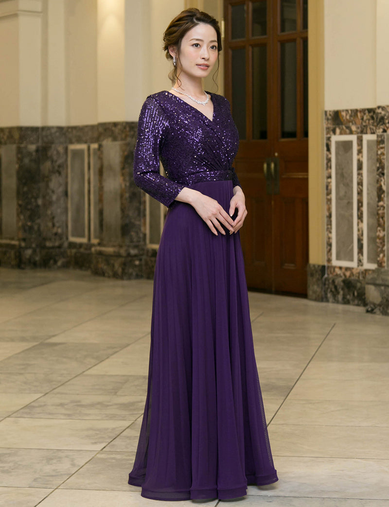 TWEED DRESS(ツイードドレス)のパープルロングドレス・チュール｜T-1771-PEの全身斜め画像です。