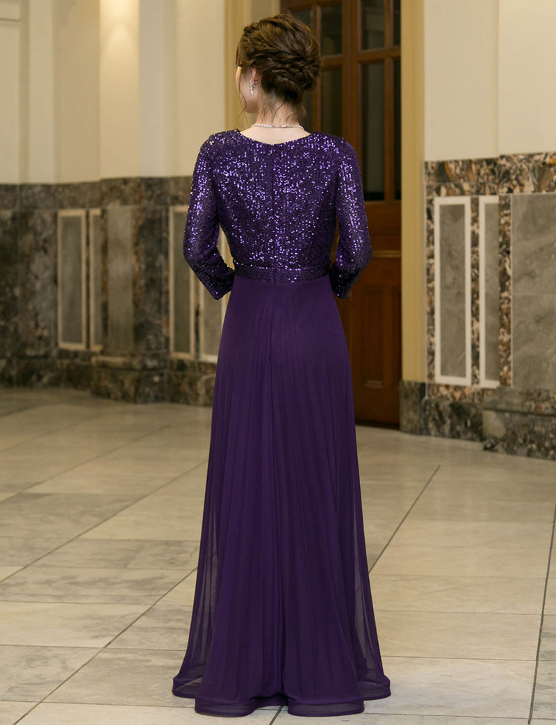 TWEED DRESS(ツイードドレス)のパープルロングドレス・チュール｜T-1771-PEの全身背面画像です。